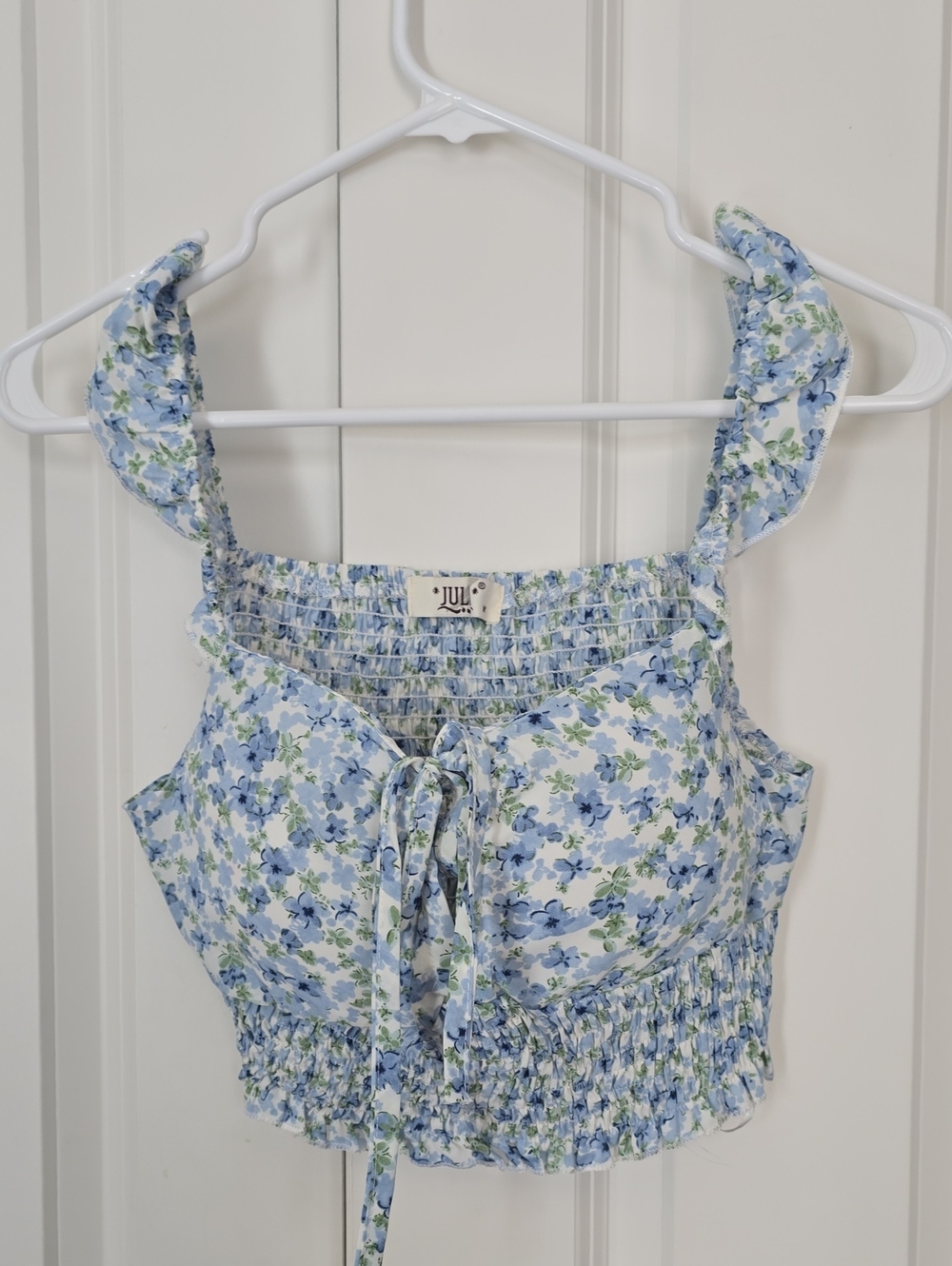 Womans Floral Smocked Crop Top in Light Blue